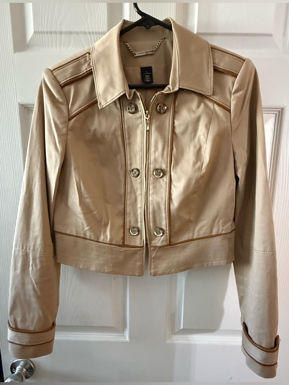 Beige Cropped Jacket by WHBM with Button Accents & Zip Front - Size 8